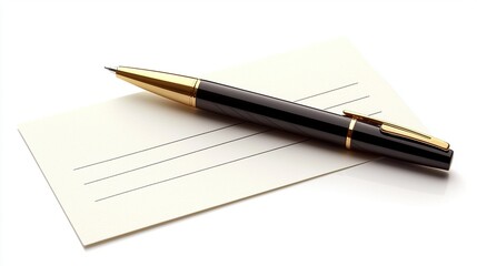 Pen resting on blank notecard against white background, ready for writing.
