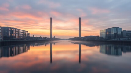 Naklejka premium Symmetrical Sunrise Over Calm Water Reflecting Industrial Structures: Peaceful Morning Cityscape