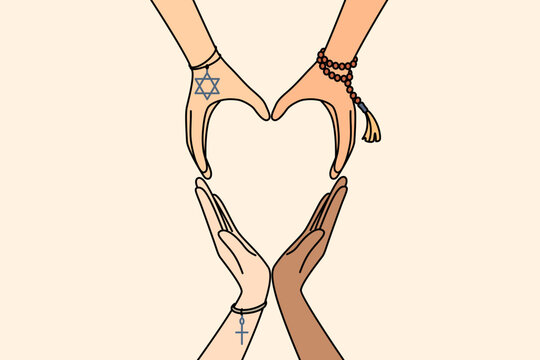 Interfaith friendship is demonstrated by heart-shaped hands, with decorations from islam and christianity or judaism. Importance of interreligious harmony for achieving peace and absence of wars