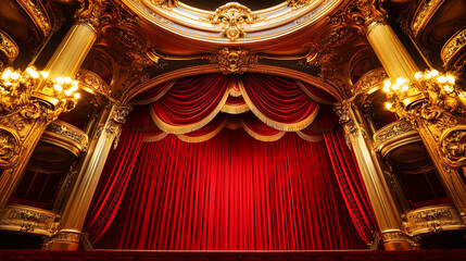 Obraz premium An elegant theater stage with rich red curtains and ornate golden decorations, setting the scene for a grand performance.