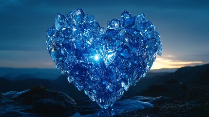 Fototapeta premium Heart-shaped blue crystal sculpture reflecting light at sunset in a tranquil landscape