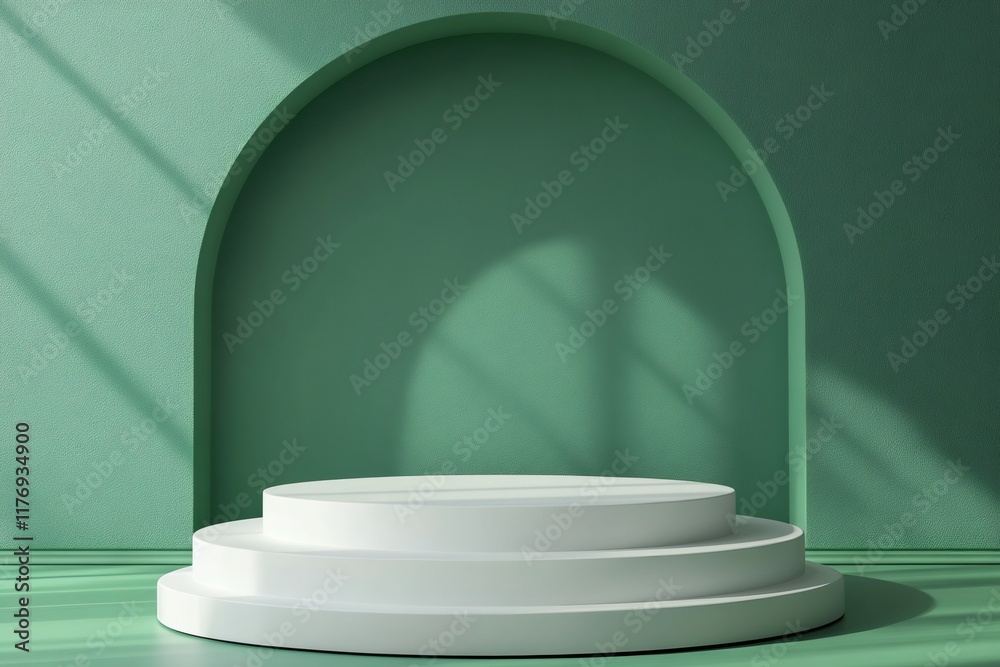 Poster White round empty podium on green background with arch and window light creating shadows