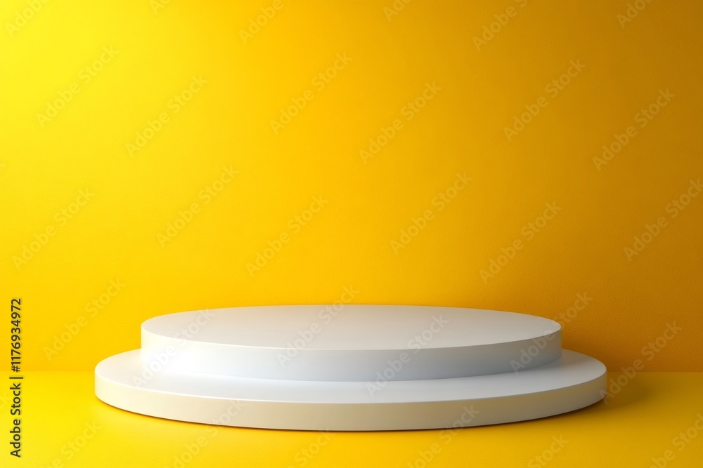Poster white round empty podium on vivid yellow background for product presentation