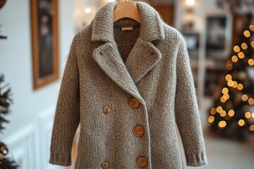 Beige woolen coat, wooden buttons, festive background.
