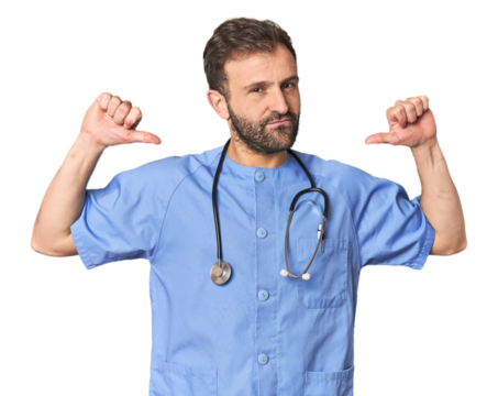 Hispanic male nurse in studio feels proud and self confident, example to follow.
