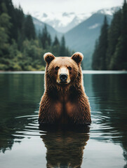 Obraz premium Majestic brown bears reflected tranquil lake surface amidst scenic natural backdrop wildlife grace power serenity wilderness photography national park river wallpaper wall art character marketing