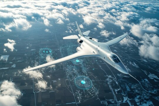 Advanced aircraft flying above clouds with digital data visualizations beneath
