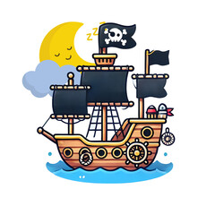 Cartoon-style illustration of an adorable pirate theme with a clean white background, capturing a playful and whimsical nautical vibe for fans of pirates, cats, and minimalist designs