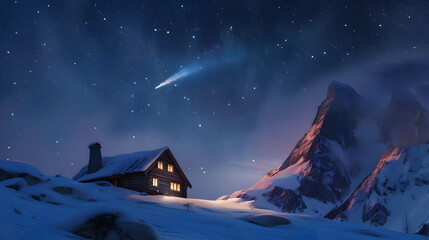 Fototapeta premium Wooden cabin on a snowy hill with a starry sky and a glowing comet passing by