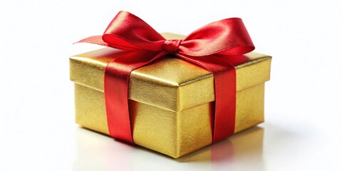 Obraz premium Miniature Golden Gift Box with Red Bow, Isolated White Background - Tilt-Shift Photography