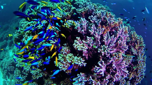 Colorful coral reef teeming with vibrant fish species swaying in crystal-clear water