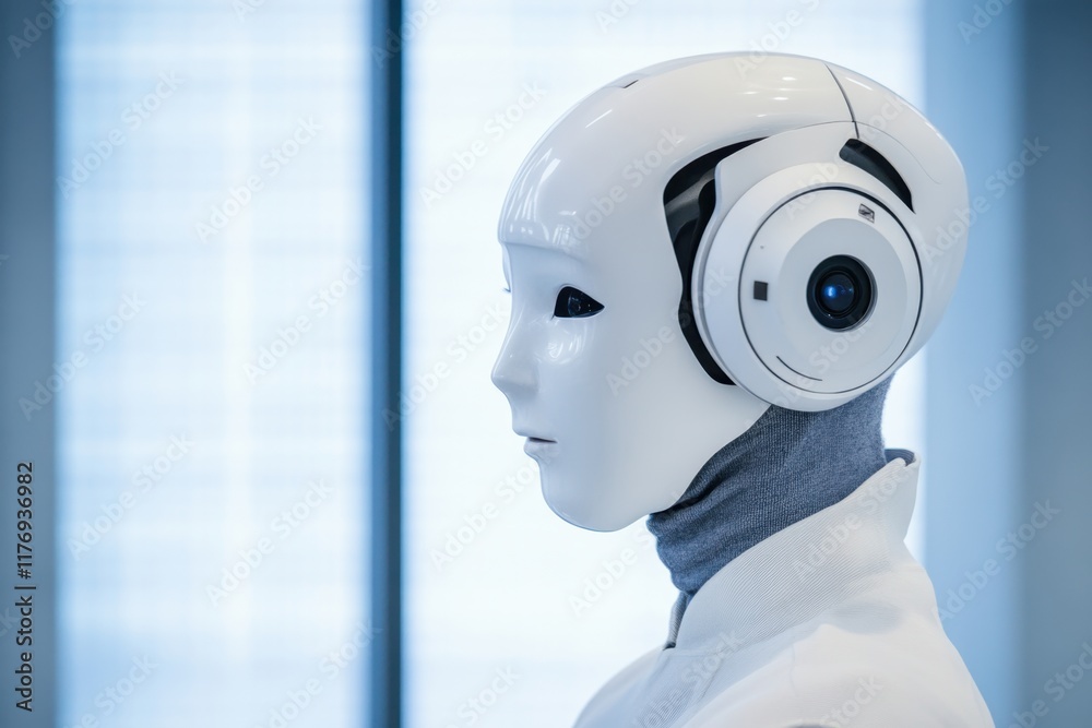 Poster futuristic robot with advanced features in a modern tech environment