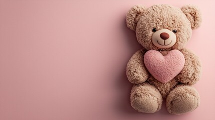 A soft teddy bear holding a heart sits against a pink background, representing love and warmth during the Valentine's Day holiday season