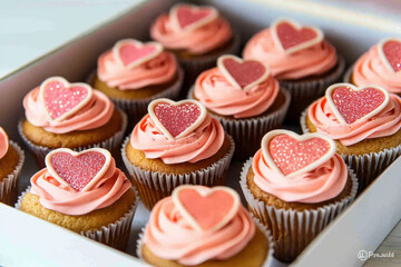 Valentine's cupcakes with pink frosting and hearts