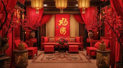A festive indoor setup with red and gold Chinese New Year decorations, peach blossoms, and traditional symbols of prosperity