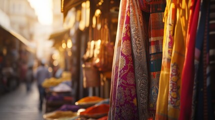 Obraz premium Colorful scarves hanging in a vibrant market at sunset, showcasing traditional patterns and warm hues of fabric and culture.