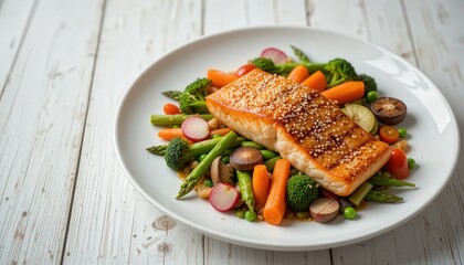 Delicious teriyaki salmon with assorted vegetables on a white plate.