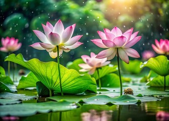 Miniature Summer Lotus Blossoms After Rain, Tilt-Shift Photography