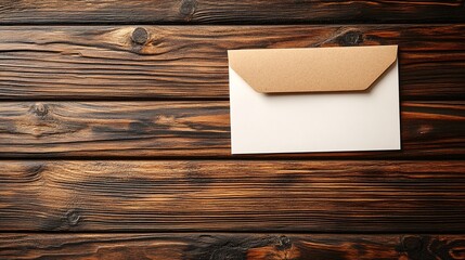 Blank envelope rests on a rustic wooden table showcasing its minimalist design