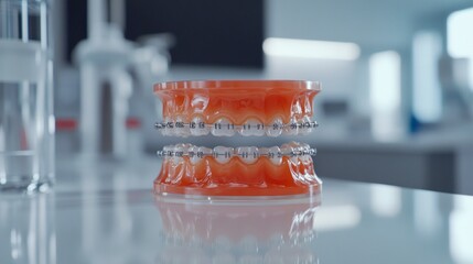 Dental Model with Braces: A Close-up of Orthodontic Appliance