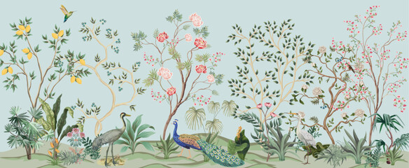 Blossom Chinoisserie Mural wallpaper, Birds, Peacock, Watercolor tree and background. © Sharif