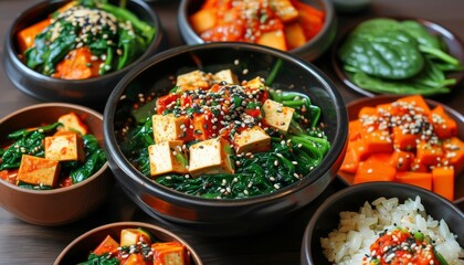 Obraz premium Colorful Vegetarian Korean Feast Featuring Bibimbap and Fresh Vegetables in Bowls