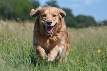 Happy golden retriever running joyfully through a meadow in springtime sunshine