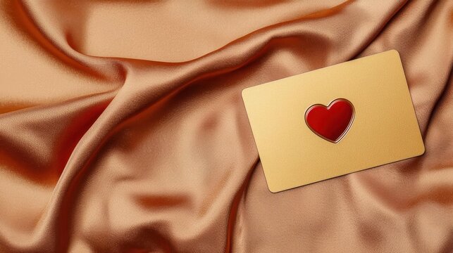 Golden credit card with a heart emblem resting on silk fabric, Valentine elegance meets financial sophistication