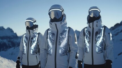 Naklejka premium Three skiers in futuristic white illuminated suits on snowy mountain.
