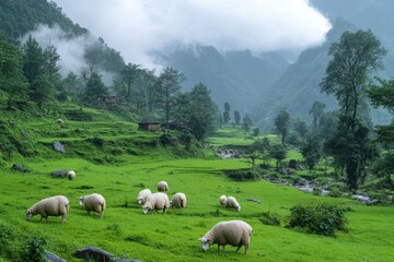 Fototapeta premium Sheep grazing peacefully in a lush green meadow during spring in a mountainous region