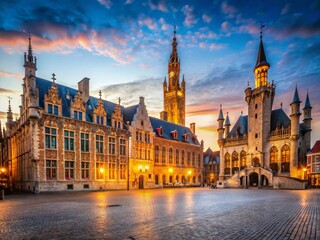 Naklejka premium Minimalist Bruges: Burg Square, Town Hall, Basilica & Belfry
