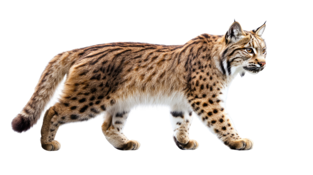 Lynx on the Prowl: A majestic lynx, a symbol of wild beauty and agile grace, walks confidently with a determined gaze. Its spotted coat and tufted ears are showcased in a captivating profile shot.  