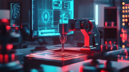 Futuristic robotic arm precisely working on a circuit board in a high-tech lab.