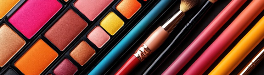 Fototapeta premium Makeup essentials including brushes palettes and lipsticks styled neatly in a border composition highlighting cosmetic themes and beauty care