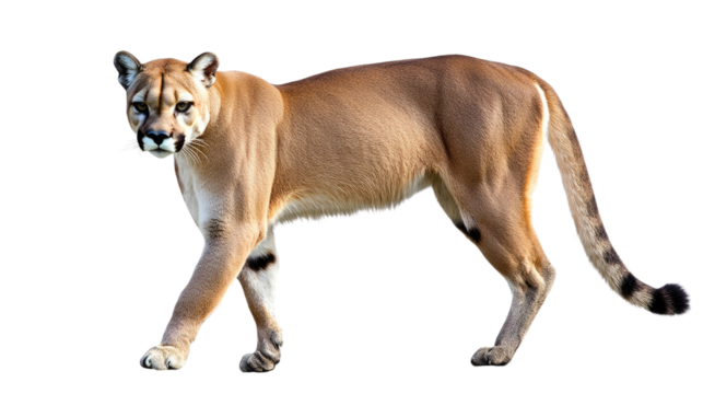 Majestic Cougar Prowl: A powerful cougar, with its distinctive tawny coat and piercing gaze, strides confidently forward, capturing the essence of wild grace and predatory instinct. 