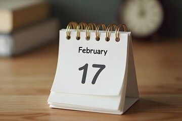 A calendar page flipping to February 17 , set in a cozy desk scene.