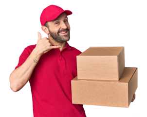 Hispanic male courier with boxes showing a mobile phone call gesture with fingers.
