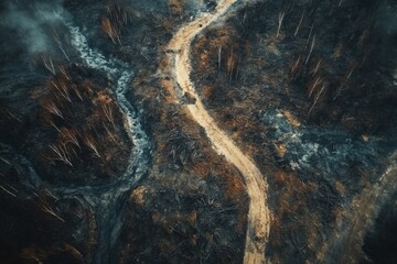 Aerial View of a Charred Landscape Featuring a Winding Path Through an Area Devastated by Wildfires and Environmental Destruction