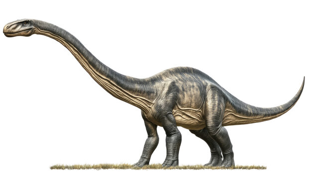 Majestic Mamenchisaurus: A digital rendering of a Mamenchisaurus dinosaur, showcasing its impressive size and long neck against a subtle ground backdrop.  The image is detailed and realistic.