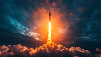 Rocket launches into the sky amidst dramatic clouds and vibrant colors during sunset