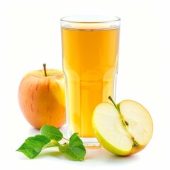 Fototapeta premium Refreshing apple juice in a glass, accompanied by ripe apples and vibrant green leaves, creating a healthy and delicious image