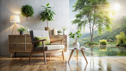 Fototapeta premium Minimalist Living Room: Wooden Chair, Cabinet & Plant Double Exposure Stock Photo