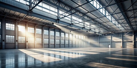 Obraz premium Minimalist Industrial Warehouse Interior: Sunlight Streaming Through High Windows
