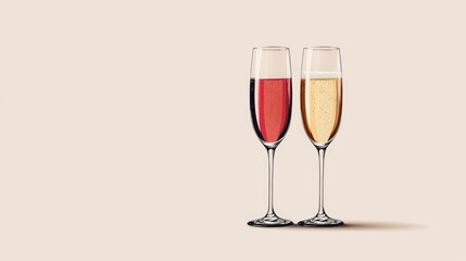 Two elegant champagne flutes, one filled with red and the other with golden bubbly, symbolize celebration and romance on Valentine's Day in a minimal style
