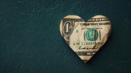 Abstract dollar bill with hidden heart patterns, symbolizing love for financial security, artistic Valentine angle
