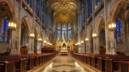 Fototapeta premium A grand church interior featuring intricate architecture, stained glass, and a serene atmosphere.
