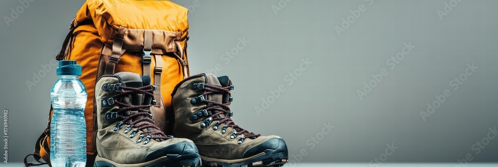 Poster Essential hiking gear with space for text in a versatile design layout for outdoor enthusiasts. Generative AI