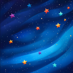 Fototapeta premium Colorful stars sparkle in a deep blue night sky with swirling cosmic waves, creating a vibrant and whimsical celestial scene.