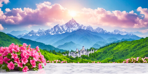 Naklejka premium Fairytale Castle in the Mountains with Pink Flowers and Marble Surface