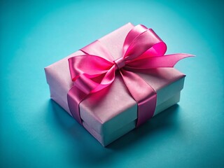 Obraz premium Minimalist Pink Ribbon Gift, Blue Background - Elegant Present Stock Photo